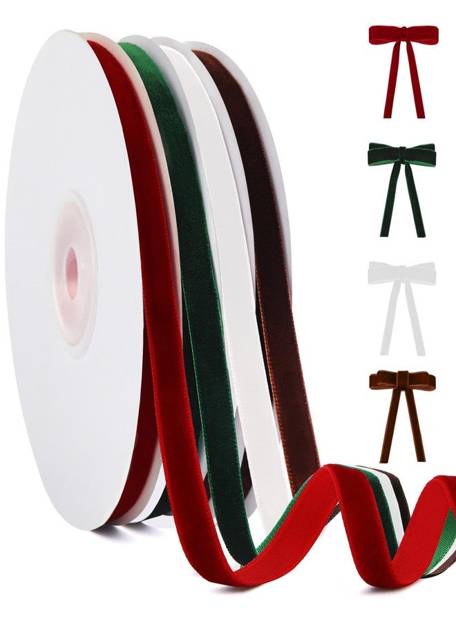 YANGTE 4 Colors Velvet Ribbon Set, 3/8" x 40Yard Premium Christmas Velvet Ribbon for Gift Wrapping, Christmas Tree Ornaments Handmade Crafts Bow Making（Red,Green,White,Brown） - Image 1